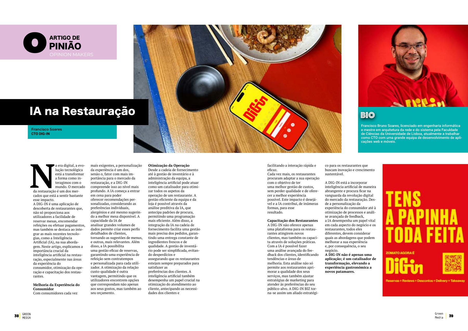 Dupla página da revista Green Media com o artigo “IA na Restauração”, assinado por Francisco Soares, CTO da DIG-IN